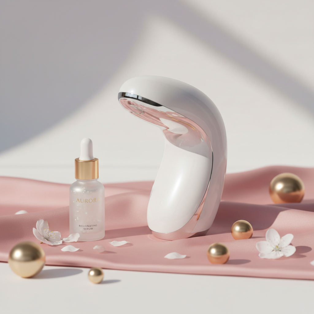White microcurrent facial toning massager on a rose pink surface with champagne gold accents and white flower petals