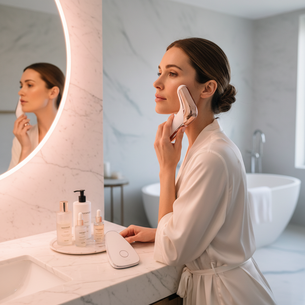 Woman using microcurrent facial toning device, glowing skin, luxury beauty tech